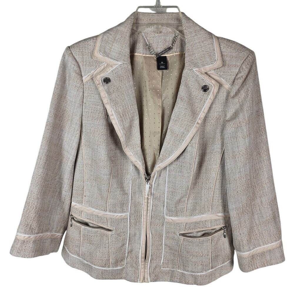White House Black Market Tweed Blazer Sz 10 Corporate Chic Zip Front Jacket EUC
